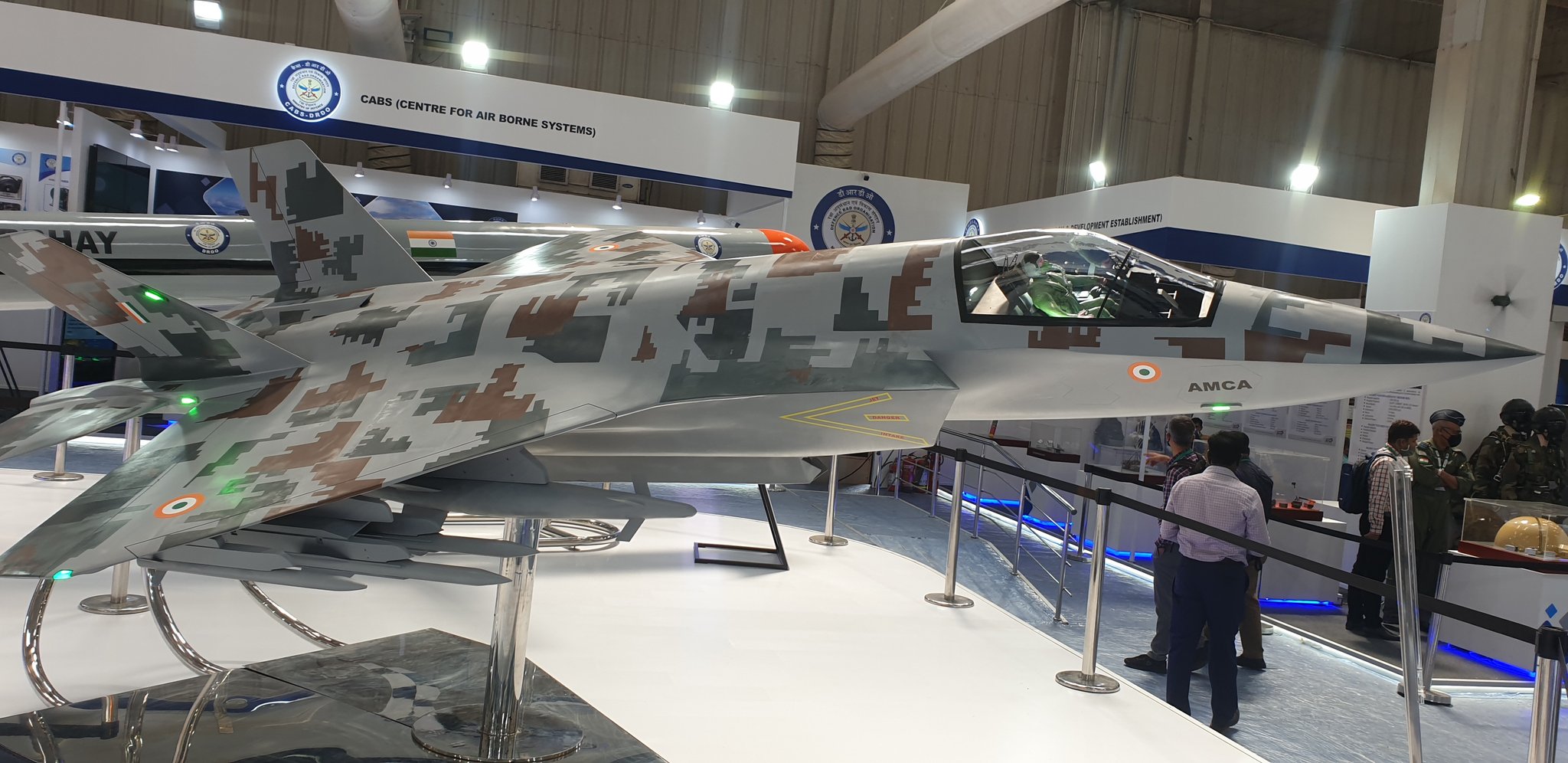 HAL AMCA Advanced Medium Combat Aircraft model at Aero India 2021 Bengaluru India, India's indigenous fifth-generation programme competing with Su-57 export offer, Wikimedia Commons CC-BY-SA