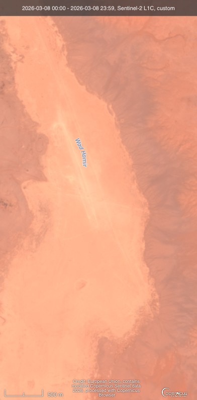 Sentinel-2 L1C satellite image dated 8 March 2026 showing Wadi Hauran in western Iraq with a long pale linear feature on the wadi floor consistent with a temporary airstrip near Nukhayb, Anbar