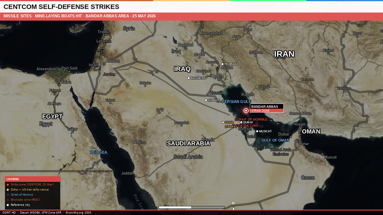 Map of Strait of Hormuz theatre showing Bandar Abbas naval base area, CENTCOM self-defense strike zone, and Hormuz blockade geometry. OSINT HQ. 26 May 2026.