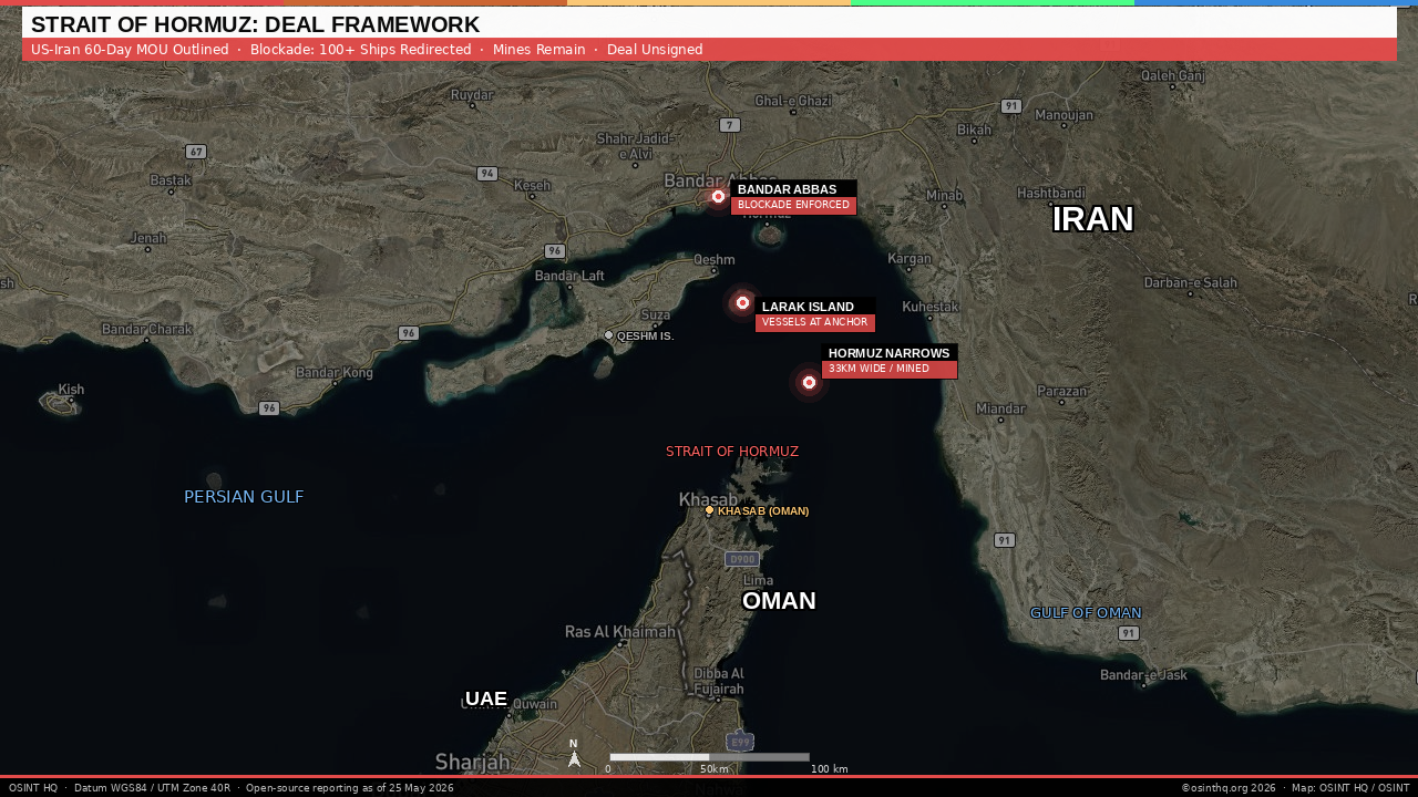 Map of the Strait of Hormuz showing the narrows between Iran and Oman, key ports and anchorage zones relevant to the 2026 US-Iran blockade and ceasefire negotiations. OSINT HQ / OSINT. 25 May 2026.
