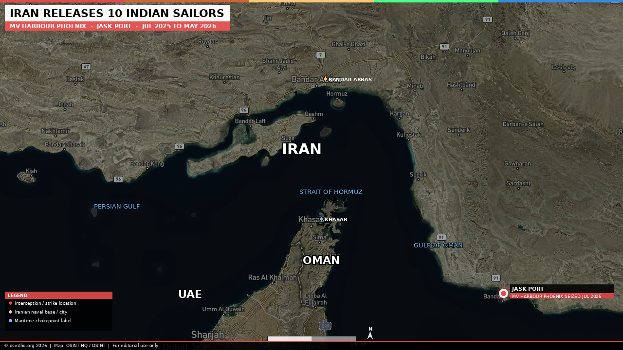 Map of Strait of Hormuz and Gulf of Oman theatre showing Jask Port interception zone, Bandar Abbas, and Hormuz chokepoint. OSINT HQ / OSINT. 27 May 2026.