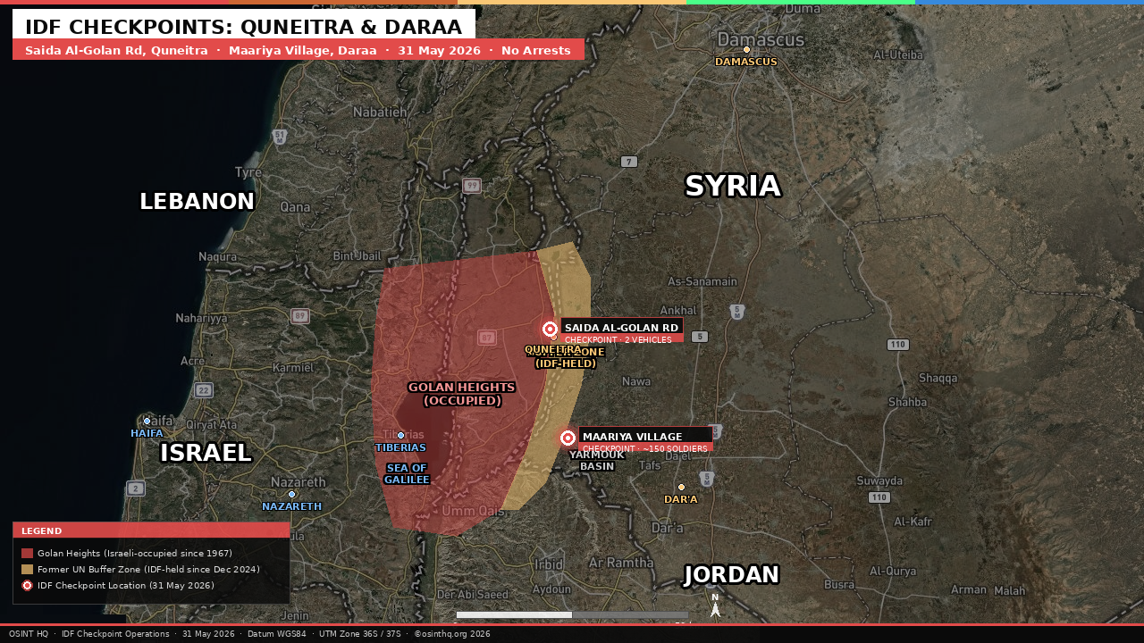 Map of southern Syria showing IDF checkpoint locations in Quneitra and Daraa governorates on 31 May 2026, with the UN buffer zone and 1974 disengagement line marked. OSINT HQ / OSINT.