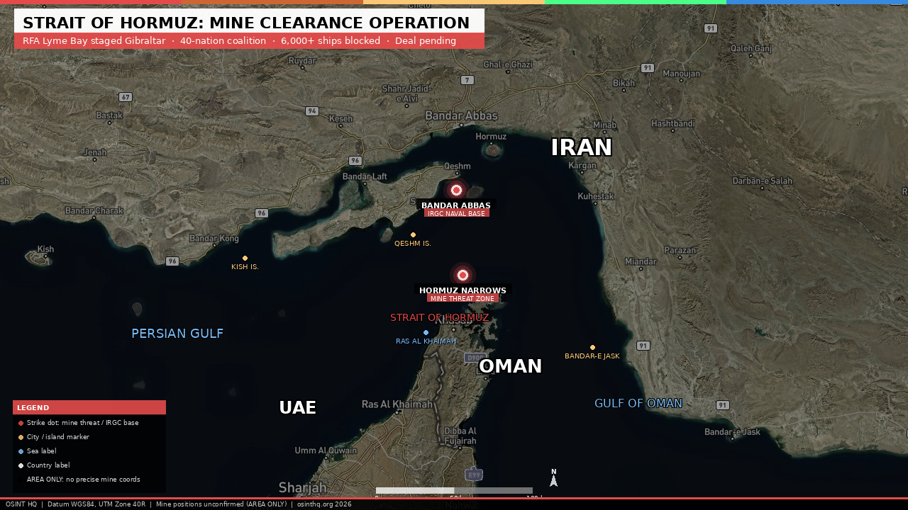 Strait of Hormuz theatre map showing RFA Lyme Bay staging area at Gibraltar, planned route through Suez Canal to the Persian Gulf, and the Hormuz chokepoint. OSINT HQ / OSINT. 25 May 2026.
