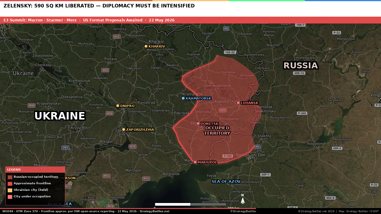 Map of Ukraine showing approximate frontline as of May 2026, Kyiv reference point, and active diplomatic theatres. OSINT HQ / OSINT.