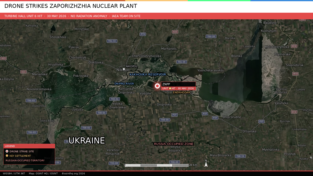 Satellite map of Zaporizhzhia Nuclear Power Plant at Enerhodar, Zaporizhzhia Oblast, Ukraine, showing plant location on Kakhovka Reservoir, 30 May 2026 drone strike. Map: OSINT HQ / OSINT.