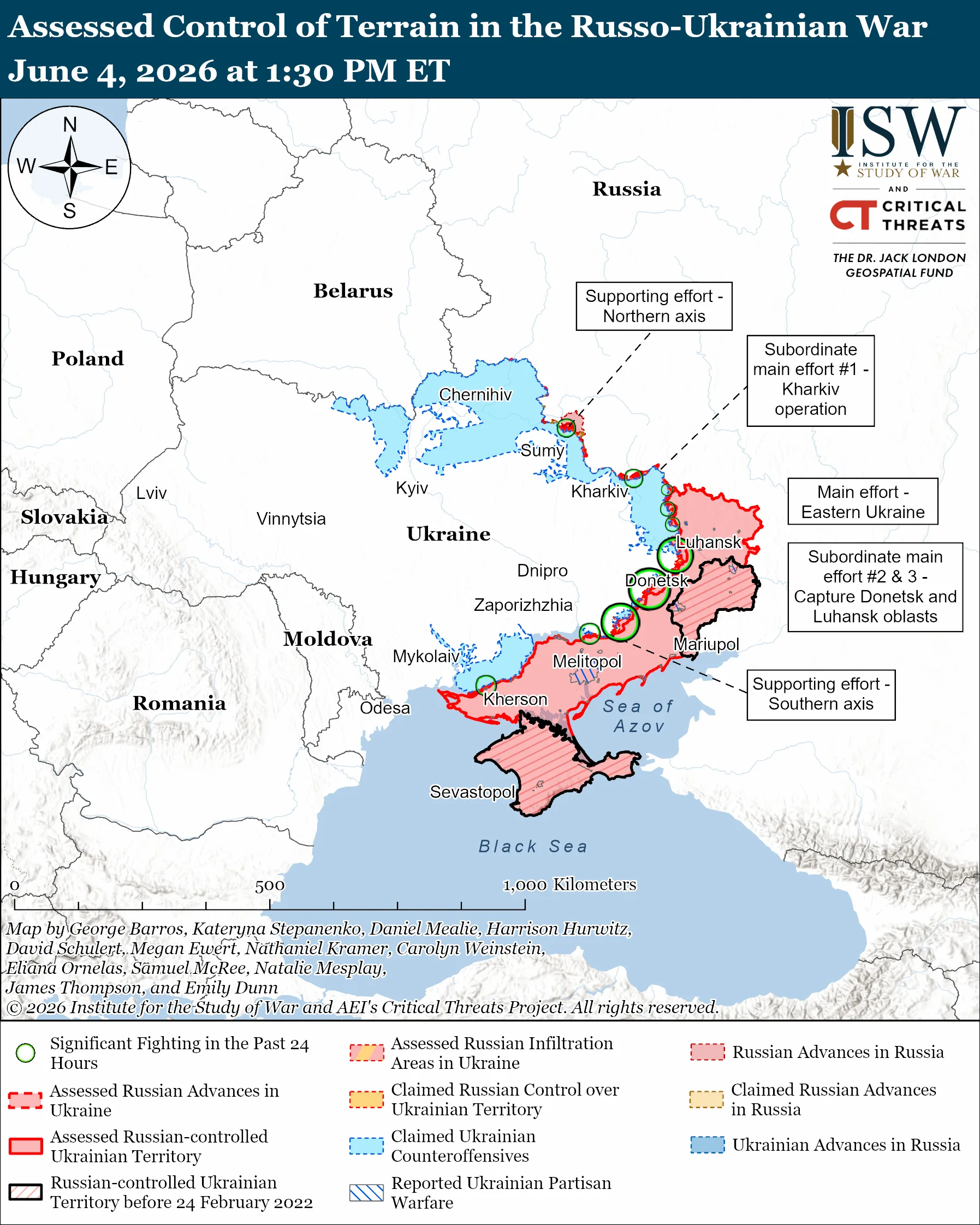 ISW assessed control of terrain map, Russo-Ukrainian War, June 4 2026 at 1:30 PM ET, showing Russian-controlled territory in eastern and southern Ukraine, significant fighting locations, and Russian offensive axes