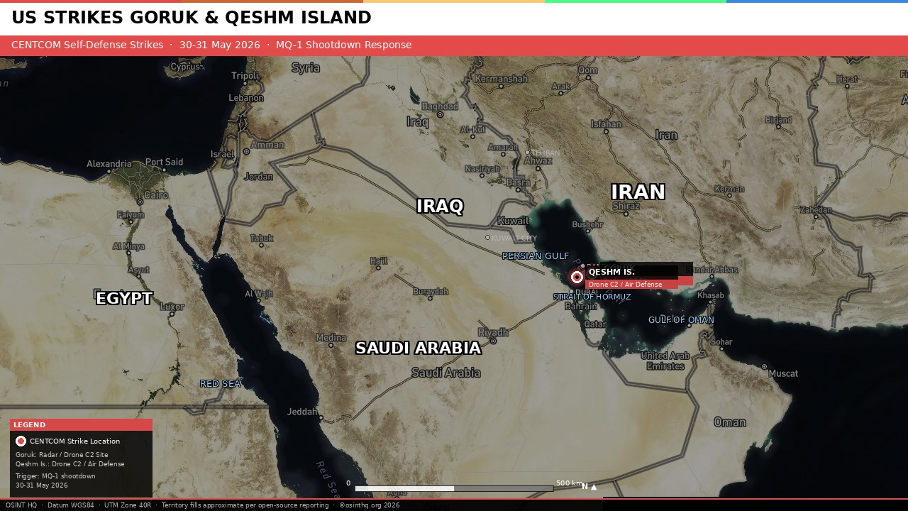 Map of Strait of Hormuz region showing CENTCOM strike locations at Goruk, Hormozgan Province and Qeshm Island, Iran, 30 to 31 May 2026. OSINT HQ / OSINT.