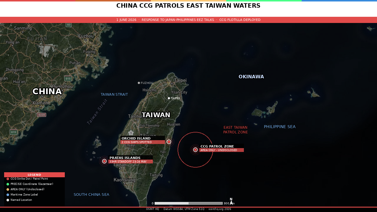 Map showing the Philippine Sea east of Taiwan, China Coast Guard patrol zone, Orchid Island, Pratas Islands, Okinotori, and overlapping Japan-Philippines EEZ claim area. OSINT HQ. 1 June 2026.