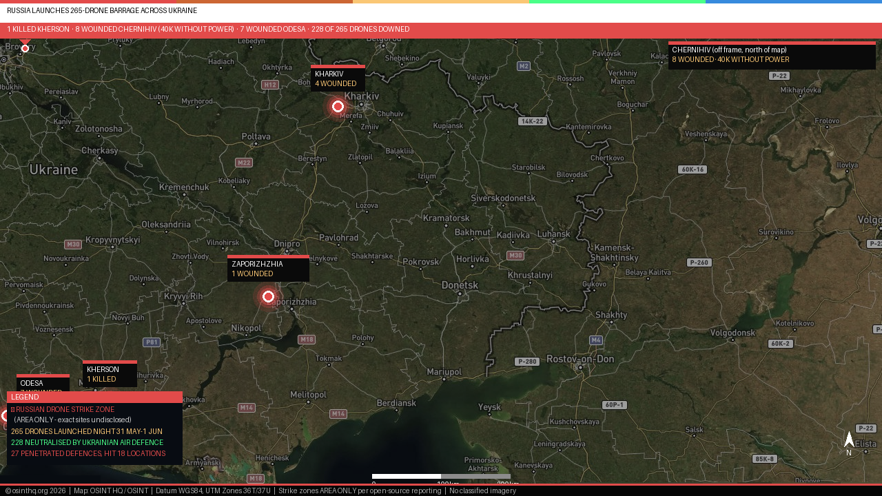 Map of Ukraine showing Russian drone strike locations 1 June 2026 across Kherson, Chernihiv, Odesa, Kharkiv and Zaporizhzhia. OSINT HQ / OSINT.